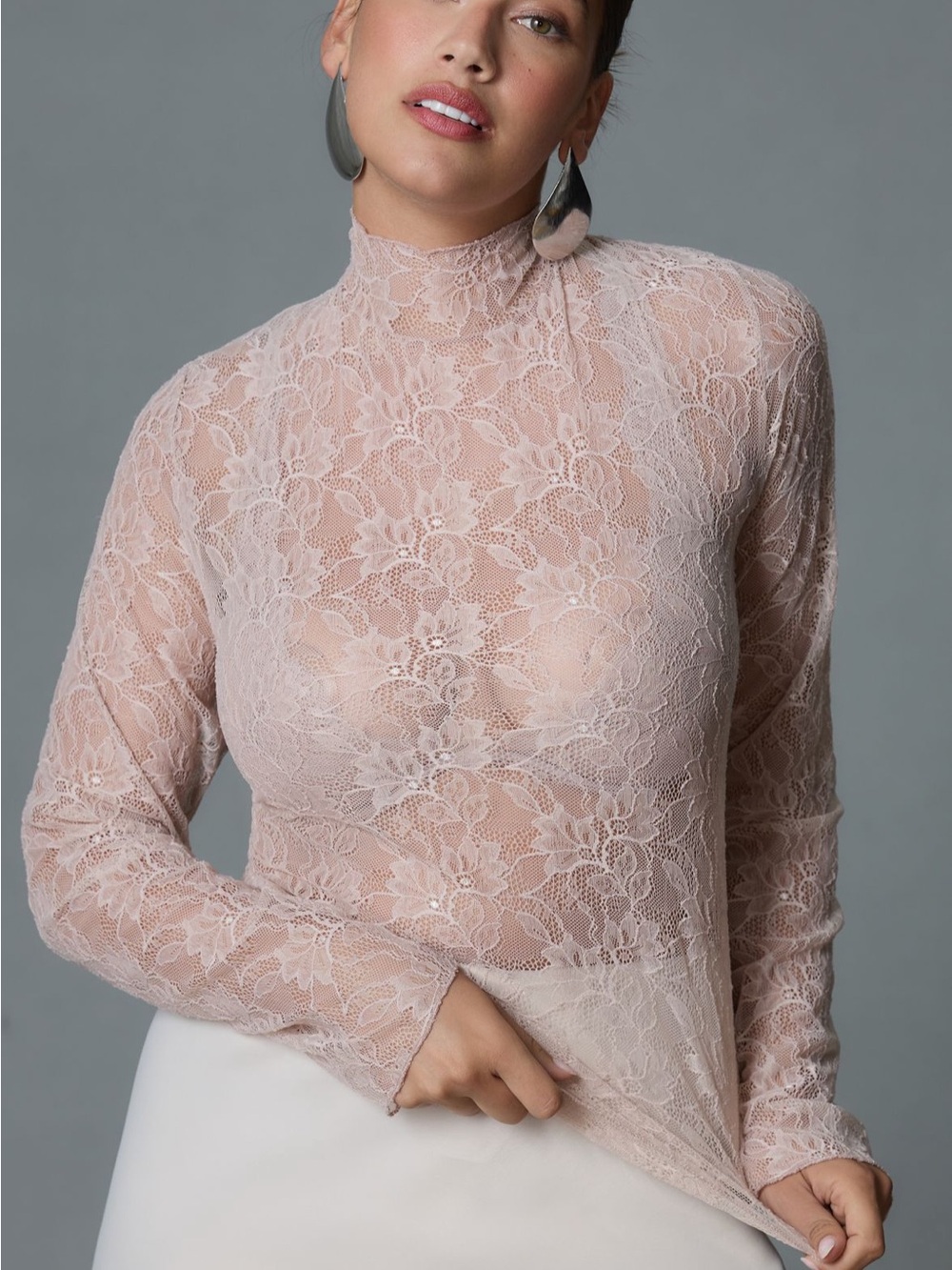 Anthropologie Sheer RED Lace Mock Neck Top